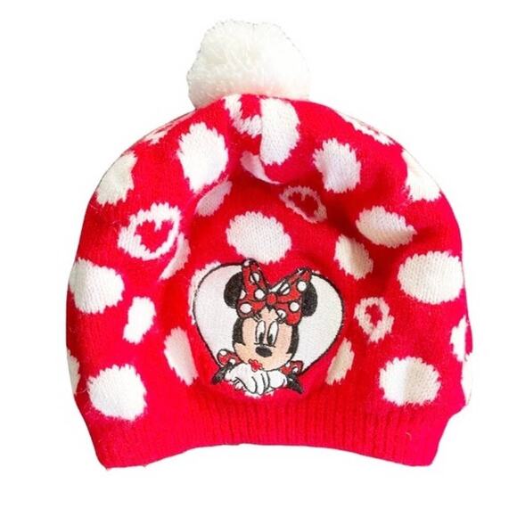 Disney Accessories - Disney Minnie Mouse Youth Girl’s Beanie Beret Hat Red Hearts Pom
